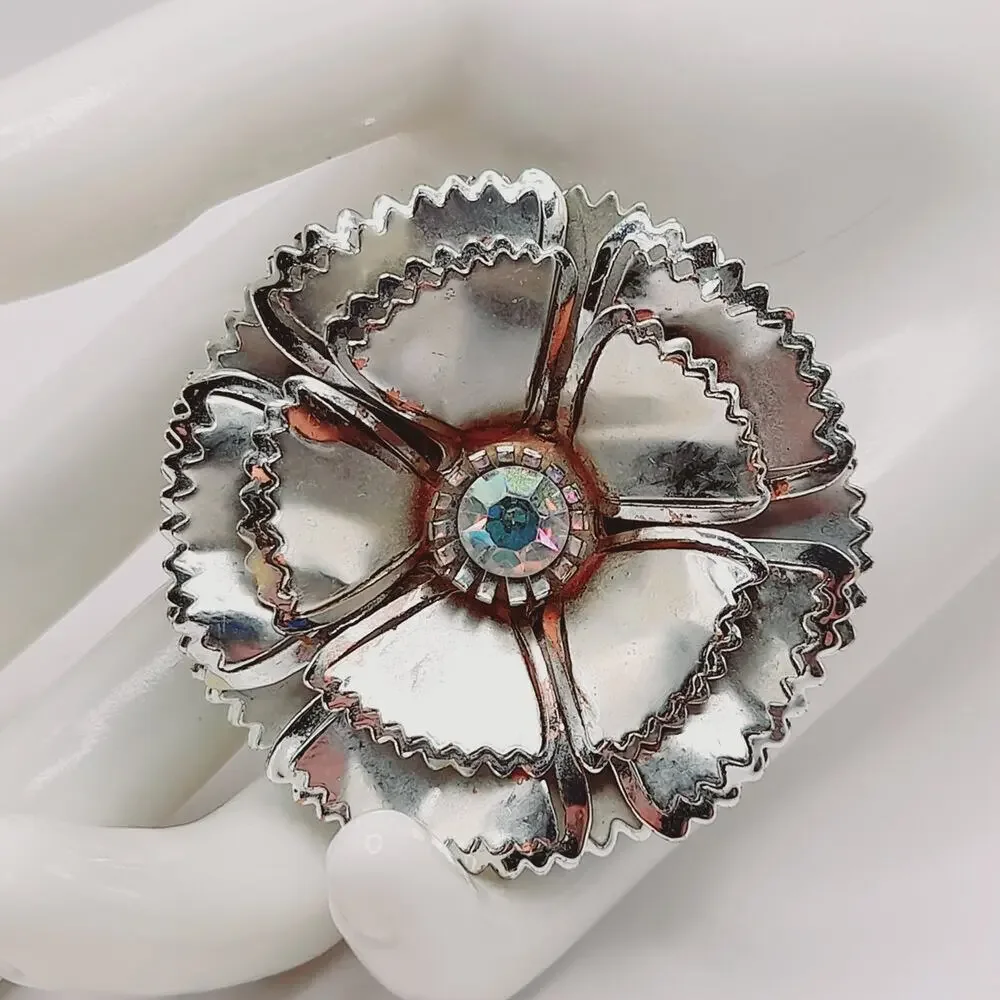 Vintage Silver Tone Flower Brooch with AB Rhinestone Center Reflective Floral